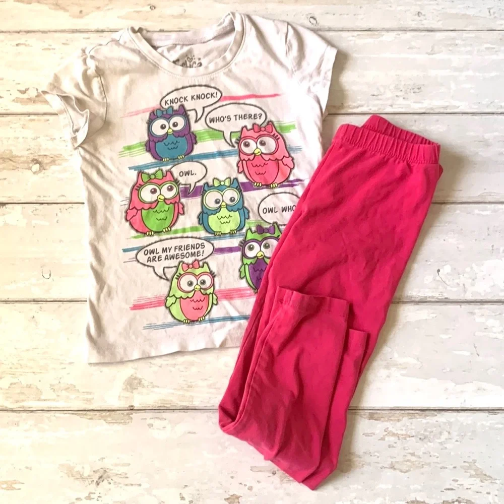 Girls Size 6 Outfit Justice Brand Owl Shirt Short Sleeves Pink Leggings 6x Pants